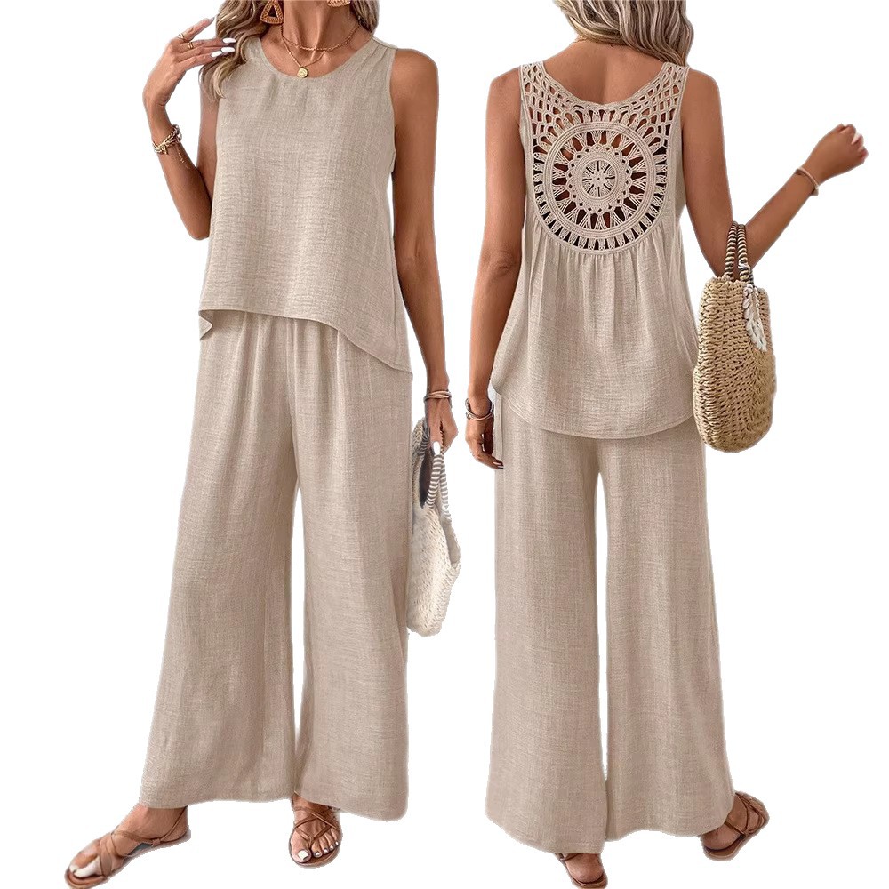 Women's Solid Color Back Cutout Embroidered Sleeveless Top and Pants Set