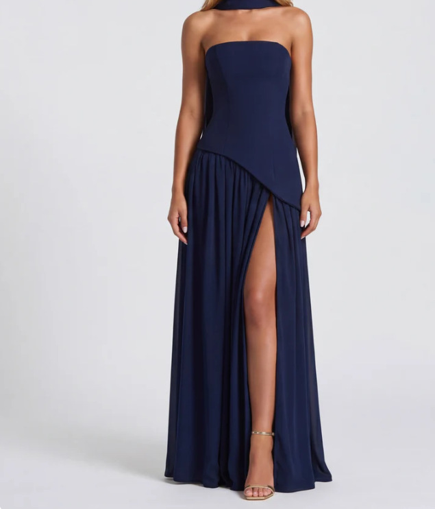 Women's Strapless Solid High Slit Backless Long Dress