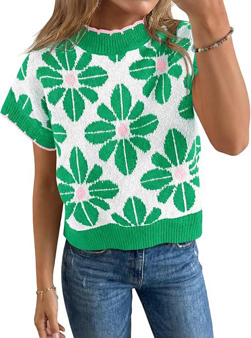 Women's Floral Knit Short Sleeve Sweater Vintage Crew Neck Loose Summer Pullover