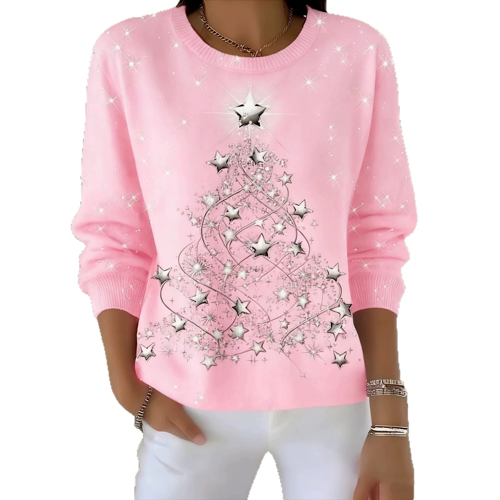 Christmas Star Tree Print Crewneck Long Sleeve Pullover Sweatshirt