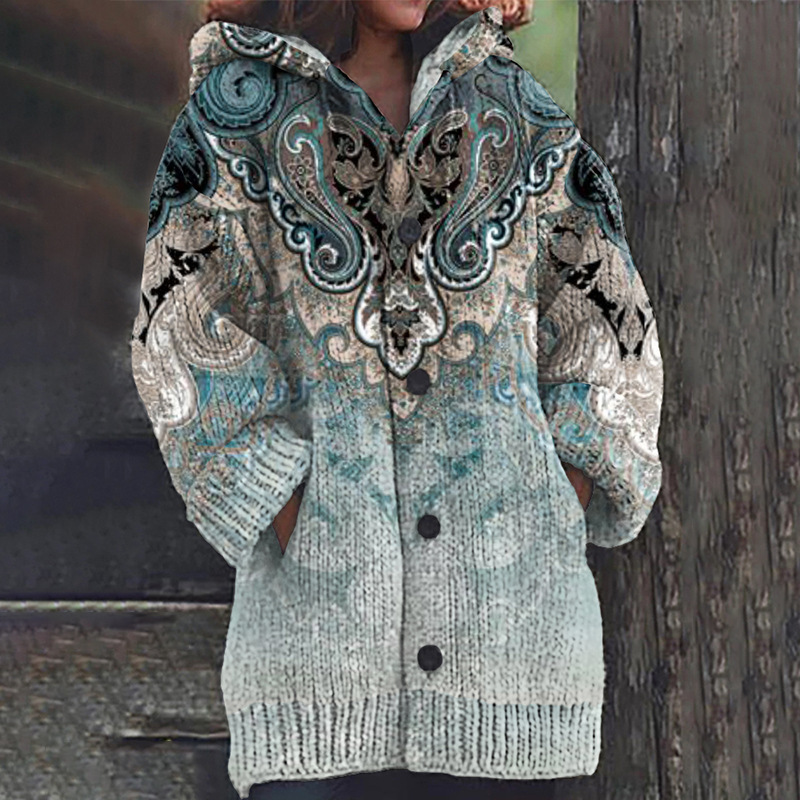 Women's Boho Print Hooded Button Cardigan Sweater