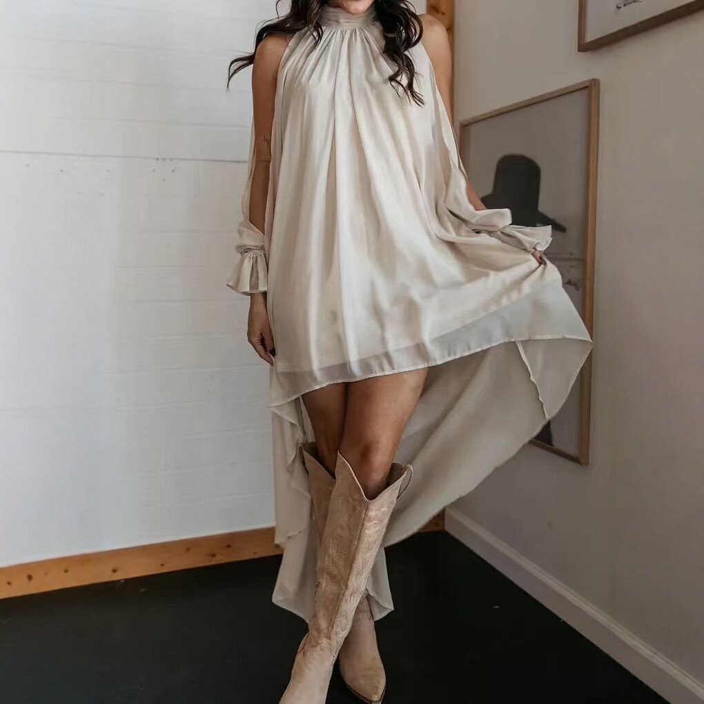 High Neck Irregular Chiffon Dress Long Sleeve Tie Flowy Maxi
