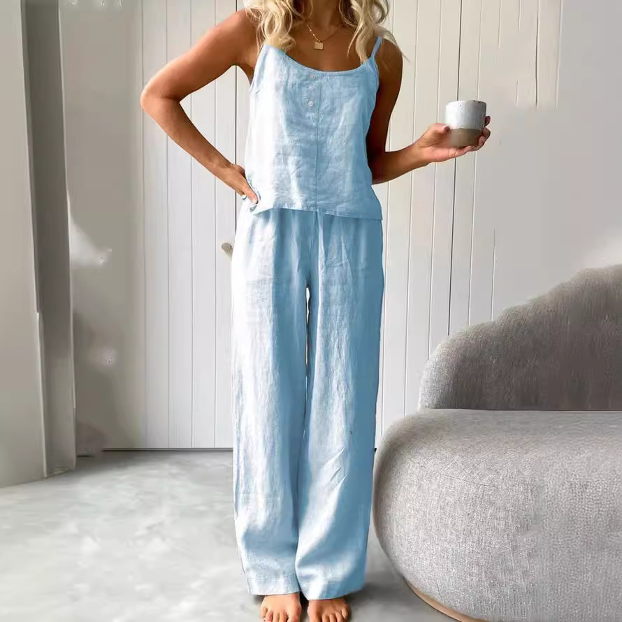 Cotton Linen Sleeveless Cami & Long Pants Two-Piece Set