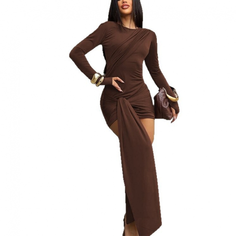 Solid Color Long Sleeve Tie Bodycon Dress