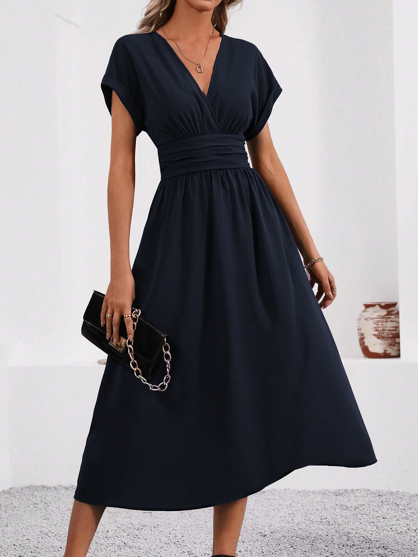 Women's Solid Overlap V-Neck Batwing Sleeve Ruched Waist Long Dress