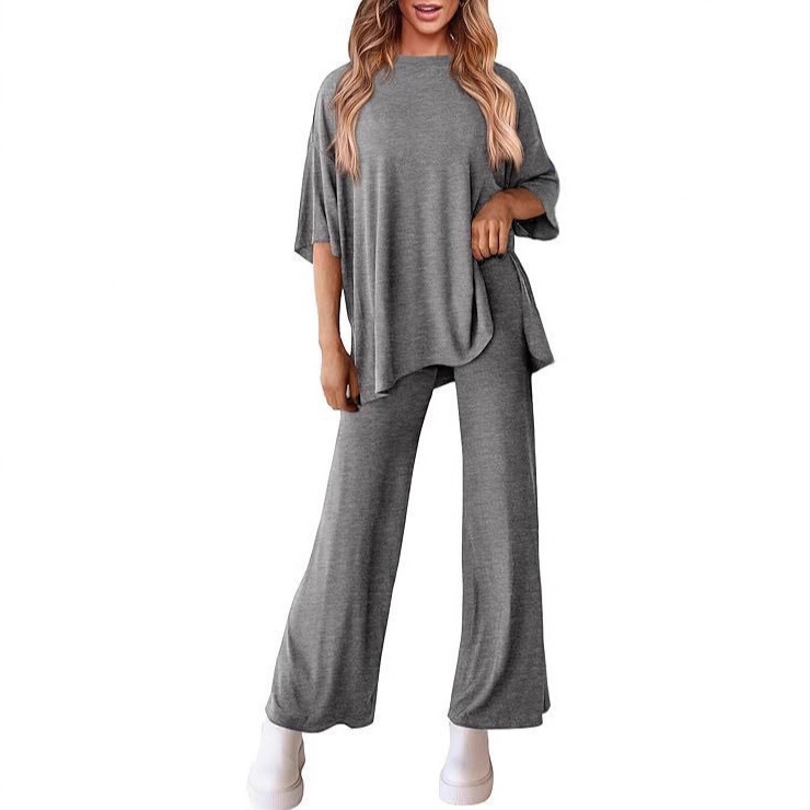 Women's Casual Two-Piece Set Short Sleeve Top & Wide-Leg Pants