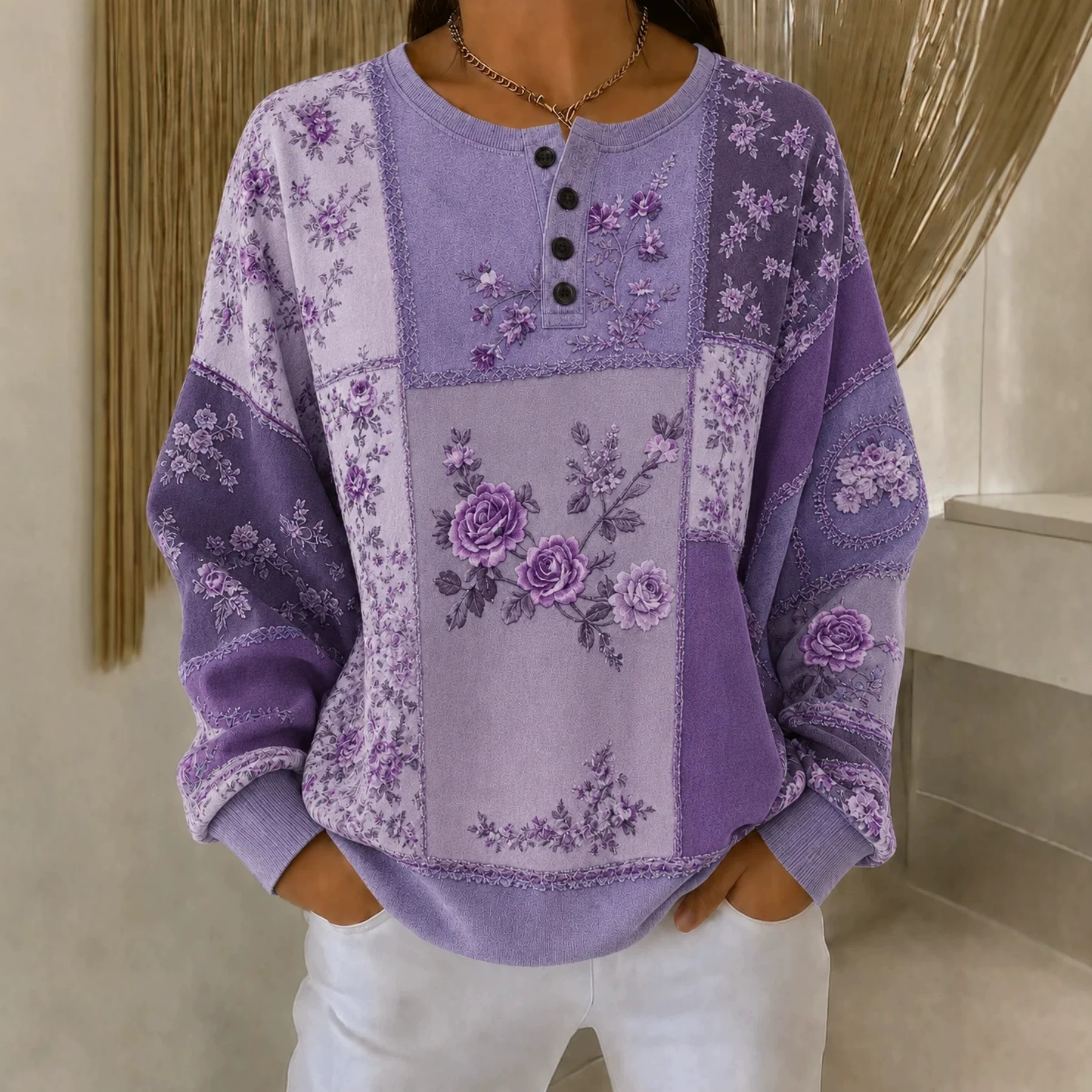 Women's Vintage Floral Print Button Sweatshirt