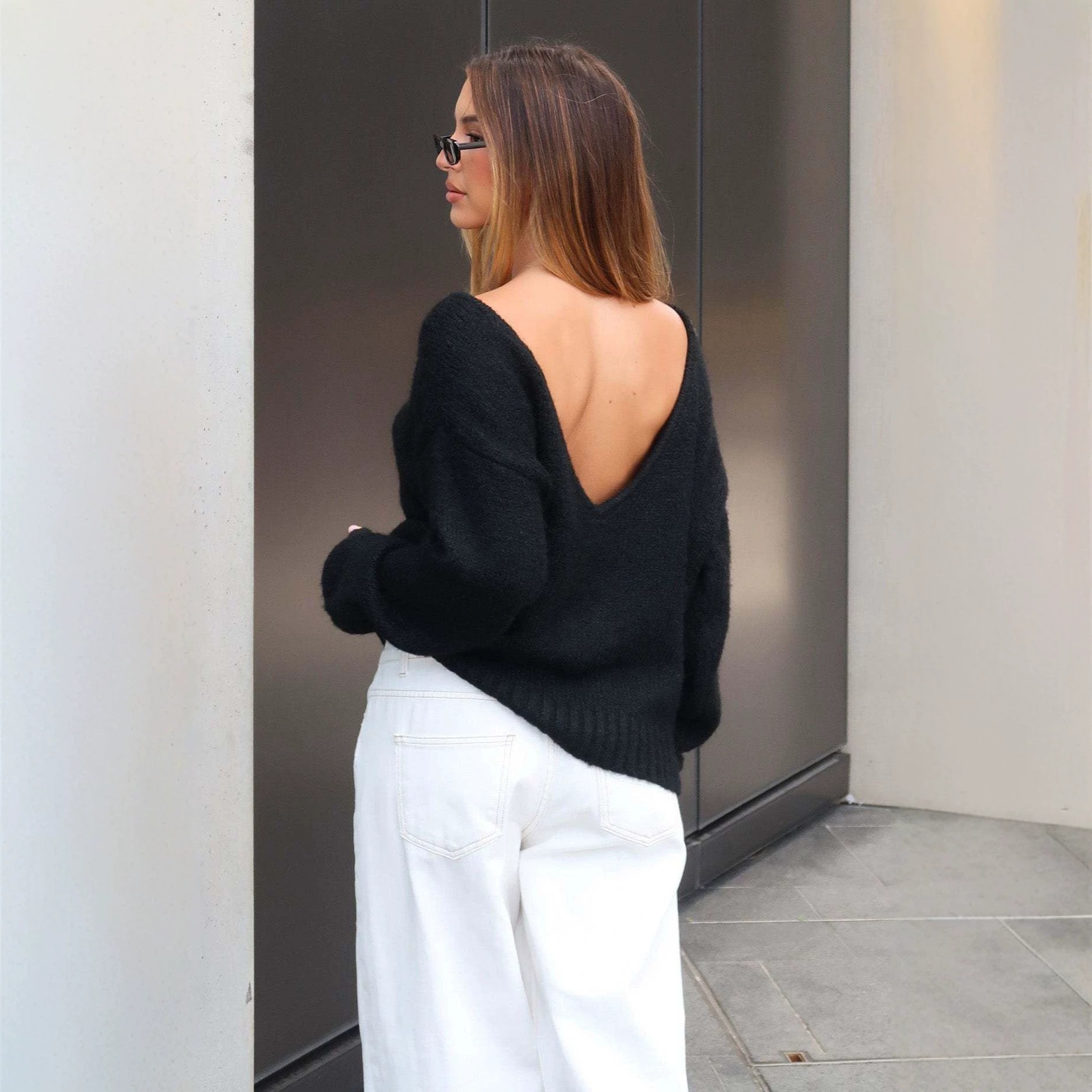 Open-Back Knit Sweater Loose Long-Sleeve Top