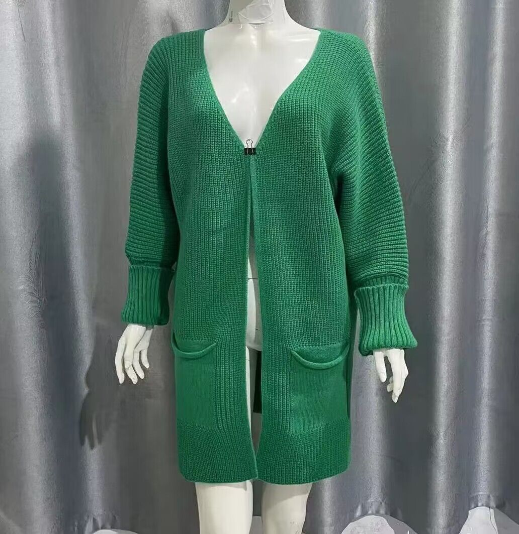Solid Color Loose Knit Cardigan with Batwing Sleeves, Mid-Length