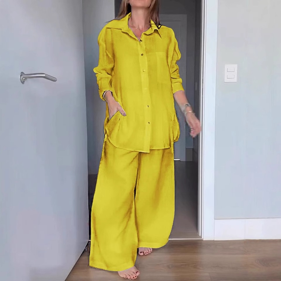 Women's Casual Linen-Blend Shirt and Pants Set with Colorblock Detail