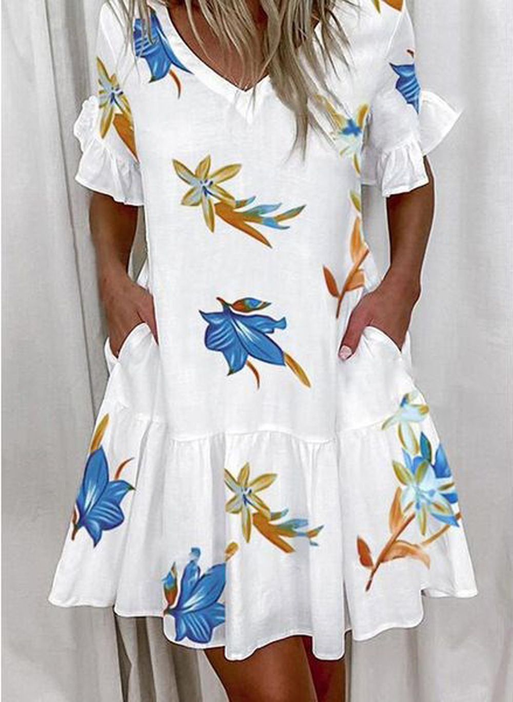 Women's V-Neck Floral Print Swing Dress Short Sleeve