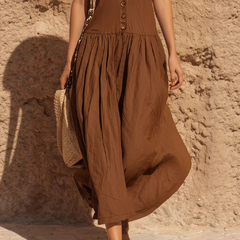 Women's Sleeveless Round Neck Low Waist Midi Dress with Pleated Details