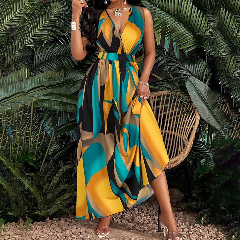 Elegant Floral Print Sleeveless V-Neck A-Line Midi Dress