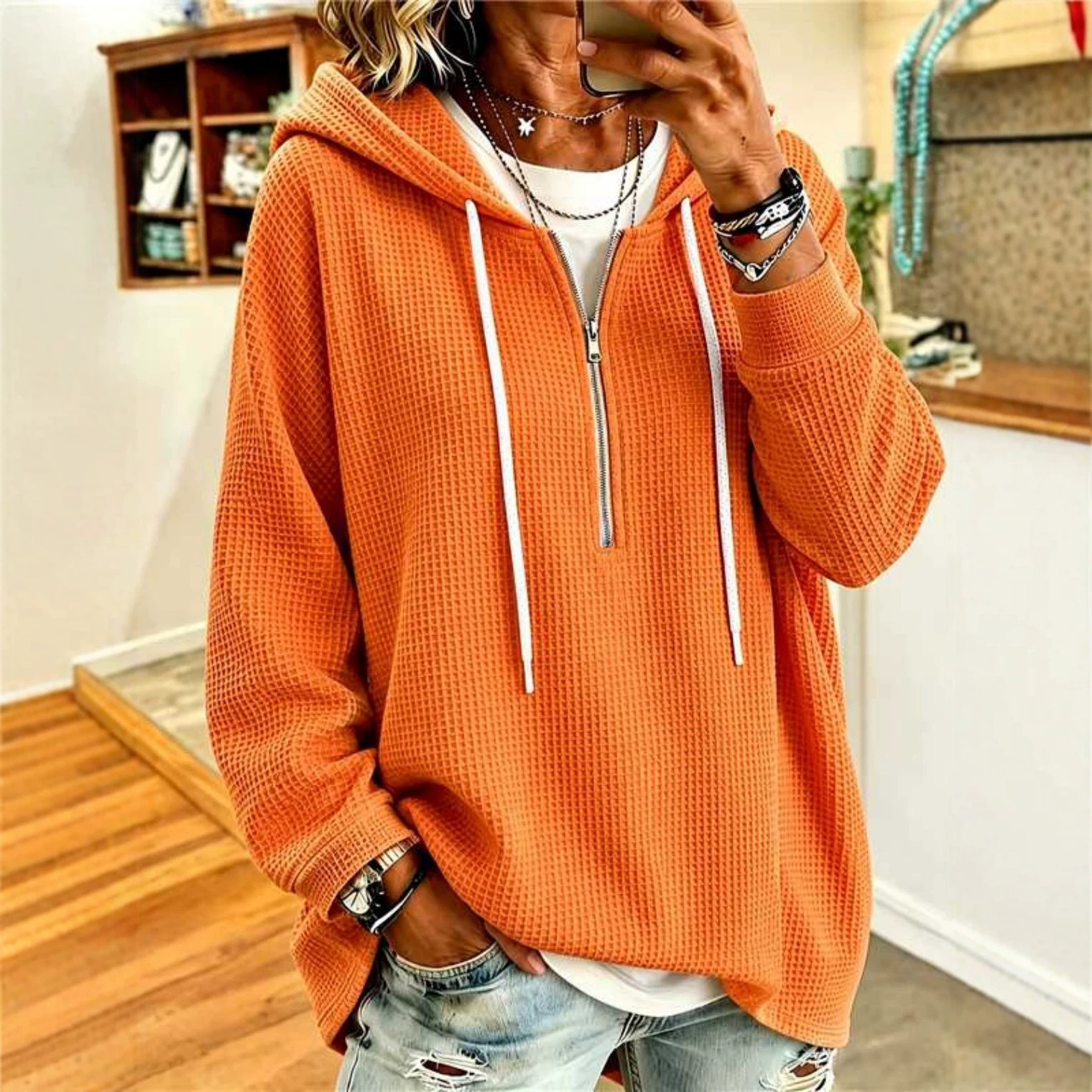 Women's Waffle Knit Drawstring Hooded Sweatshirt Loose Zip-Up Long Sleeve Top