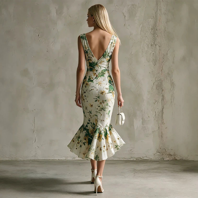 Green Floral Sleeveless V-Neck Ruffle Midi Dress