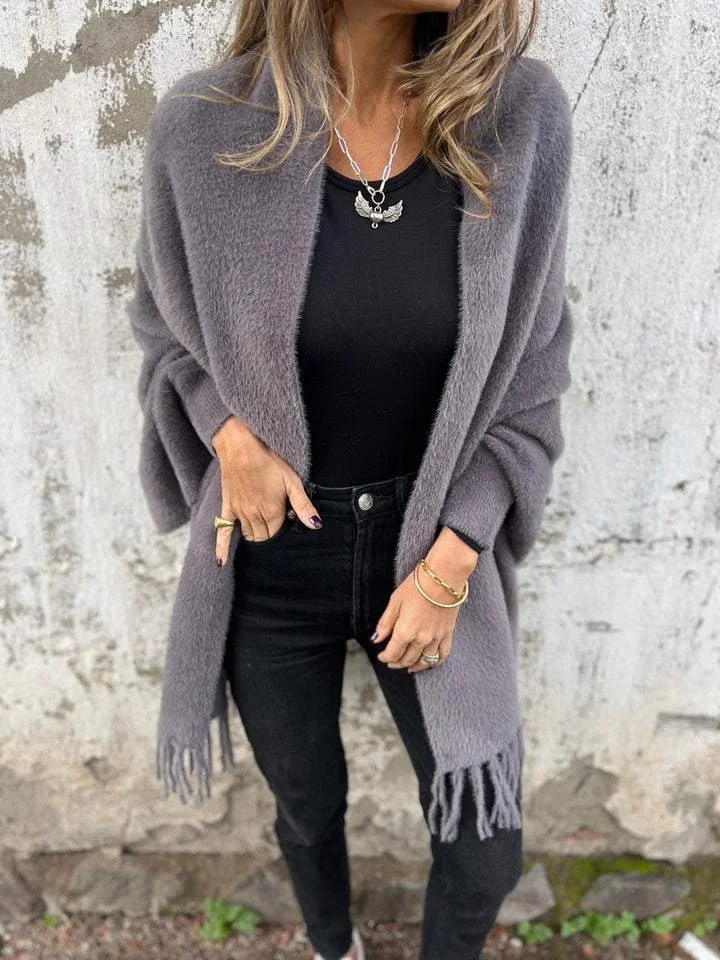 Casual Knit Faux Fur Fringe Shawl Cardigan