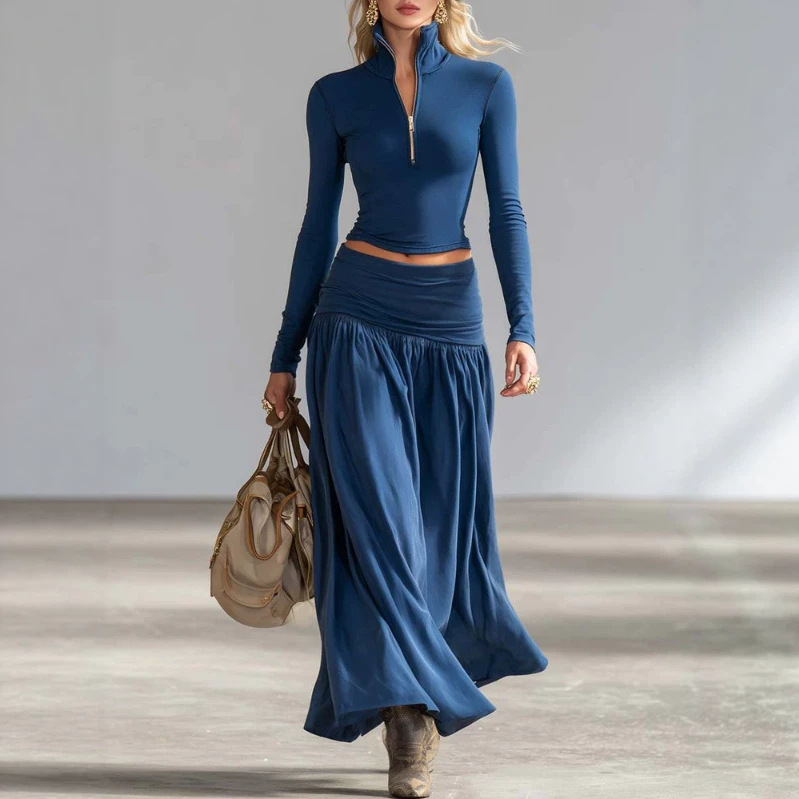 Elegant Deep Blue Zip-Front Top and Low-Waist Skirt Set