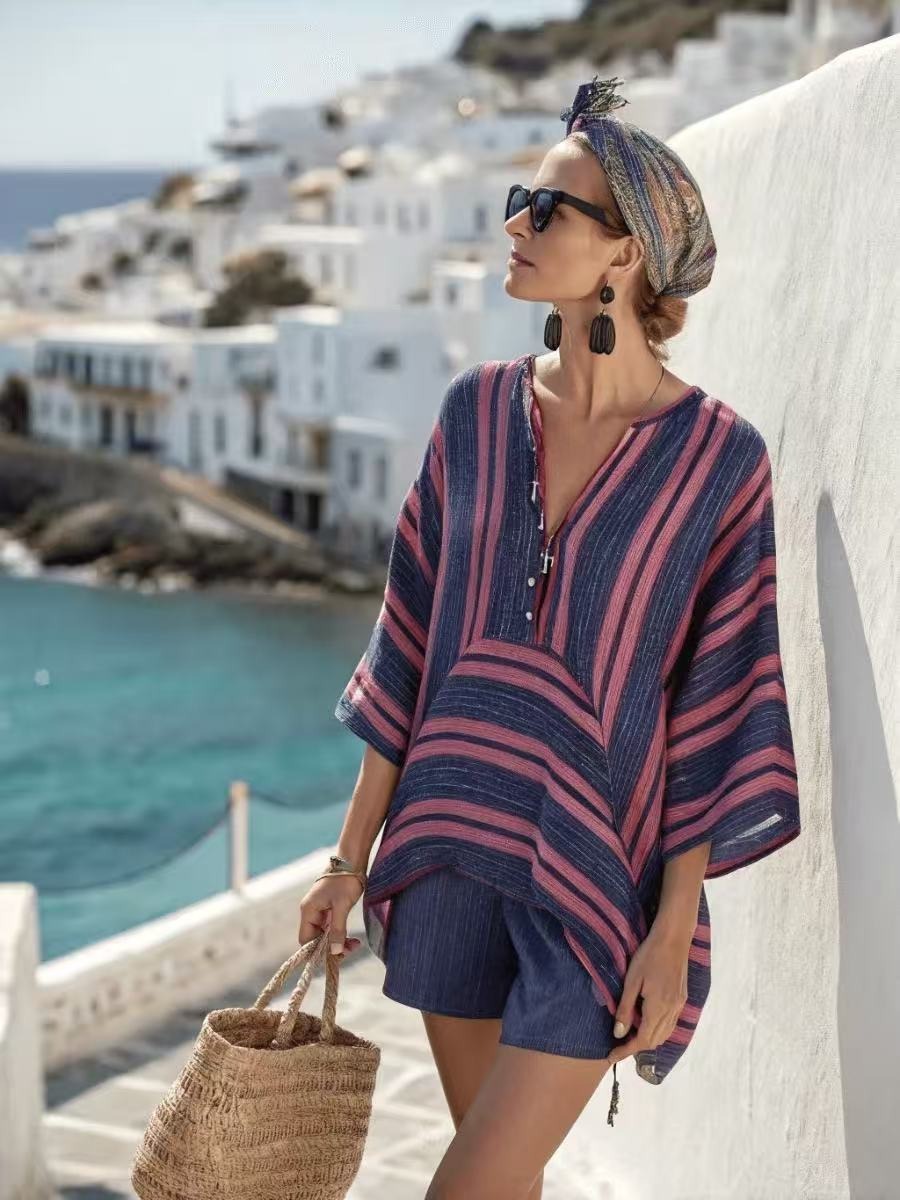 V-Neck Striped Two-Piece Casual Set Women's Loose Fit