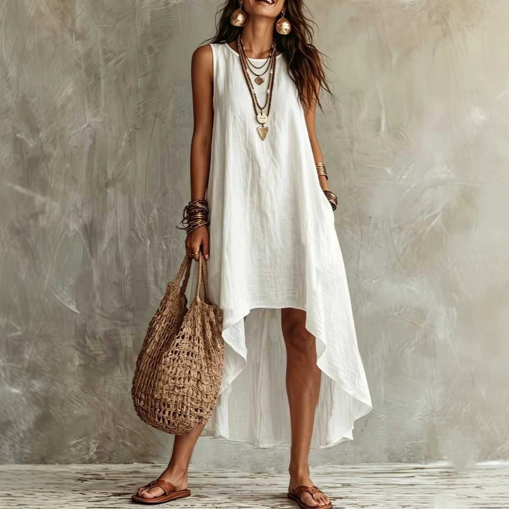Solid Sleeveless A-Line Maxi Dress Round Neck Loose Fit