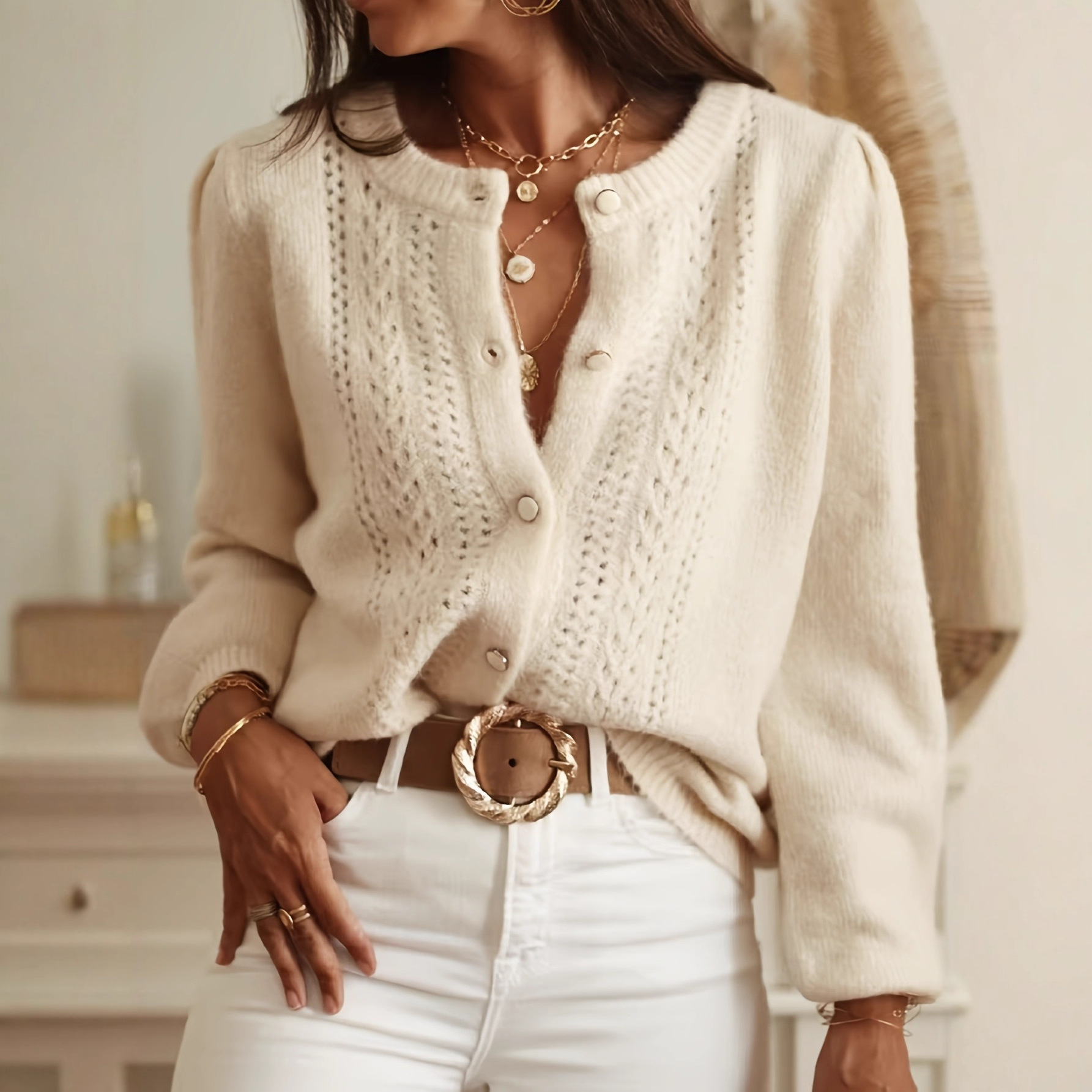 Women's Solid Color Open-Knit V-Neck Cardigan Sweater