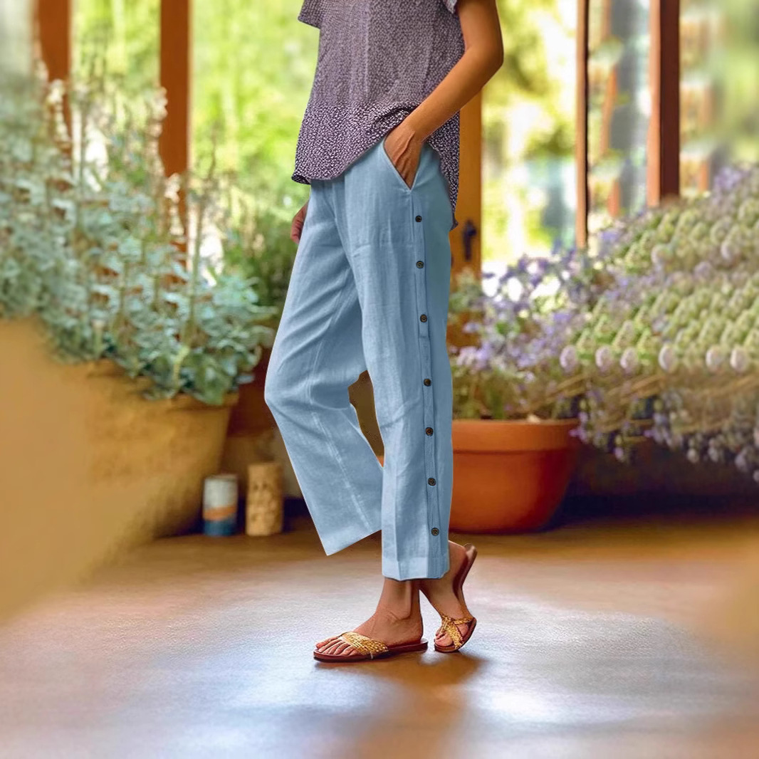 Women's Cotton-Linen Cropped Pants High Waist Loose Side Pocket