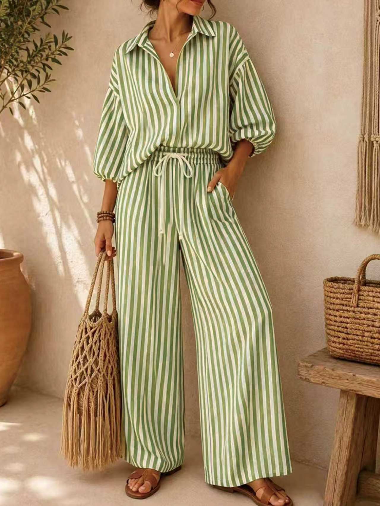 Striped Long Sleeve Shirt and Loose Pants Two-Piece Set