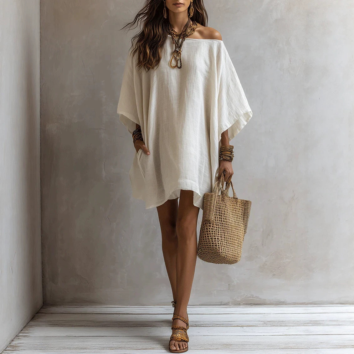 Off-Shoulder Cotton-Linen Midi Dress with Batwing Sleeves and Pockets