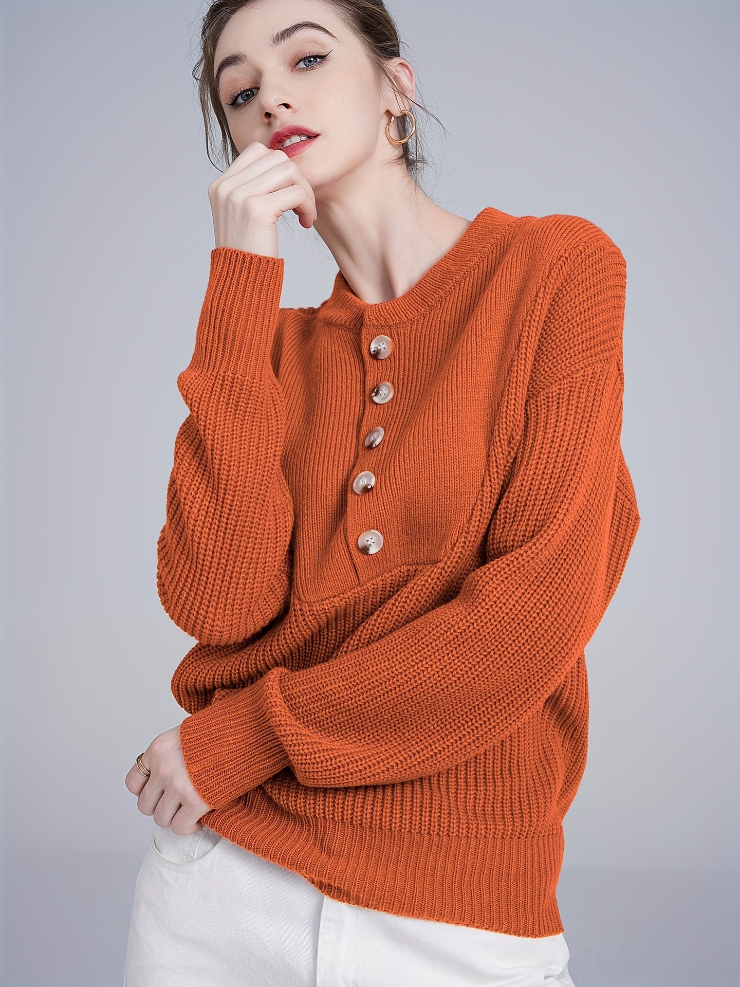 Women's Plus Size Knit Sweater with Buttons, Round Neck, Long Sleeve, Thickened Pullover