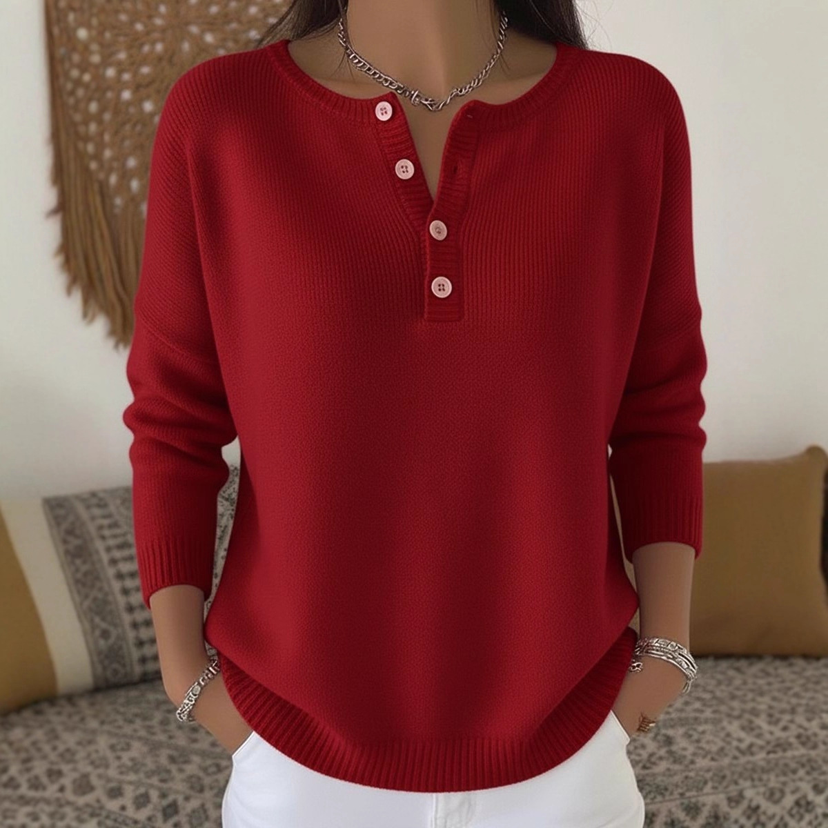 Women's V-Neck Button Knit Sweater Solid Color Casual Pullover