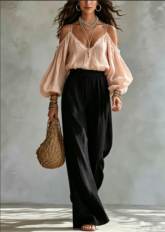 V-Neck Cold-Shoulder Long-Sleeve Solid Top & High-Waist Black Wide-Leg Pants Women's Two-Piece Set