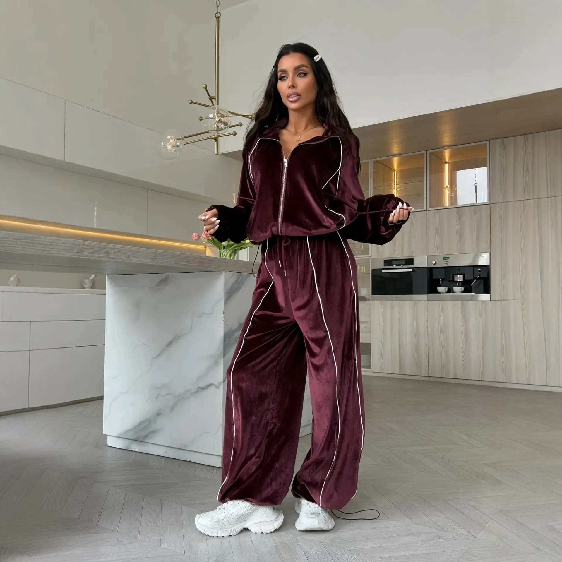 Velvet Striped Track Set with Zip-Up Stand Collar Jacket and Drawstring Wide-Leg Pants