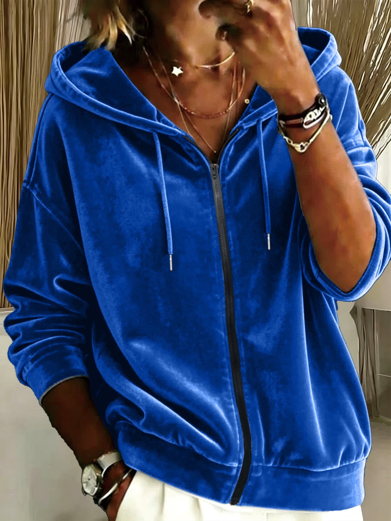 Women's Solid Color Drawstring Hooded Zip-Up Long Sleeve Sweatshirt