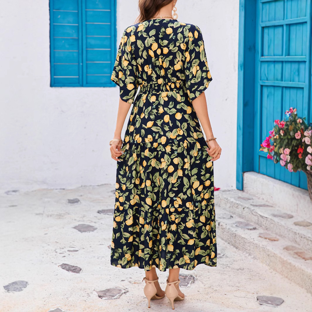 Women's Floral Print Batwing Sleeve Deep V-Neck Waist-Tie Layered Midi Dress