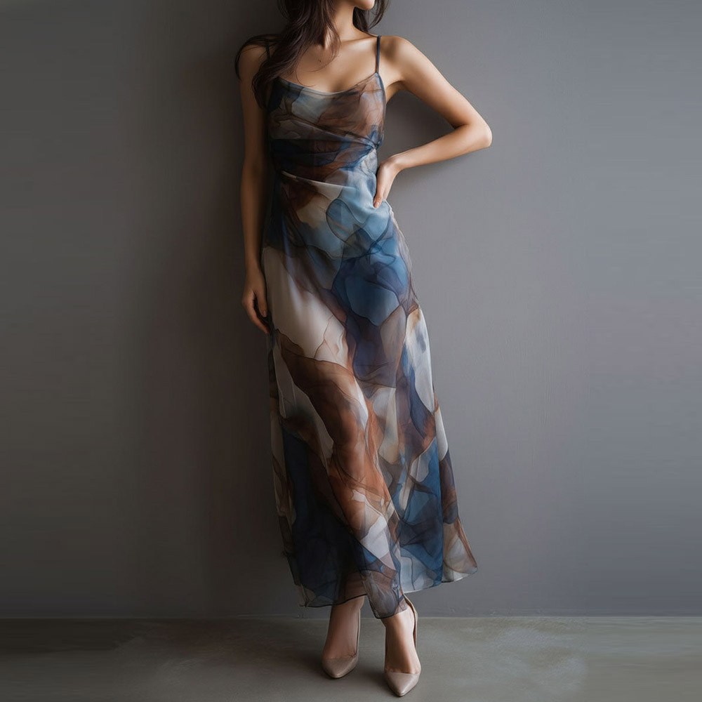 Women's Mesh Bodycon Cami Long Dress Gradient Print High Waist