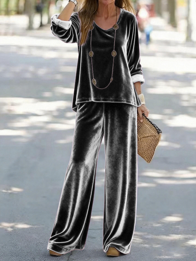 Women's Velvet V-Neck Long Sleeve Top and Pants Set Casual Multi-Color