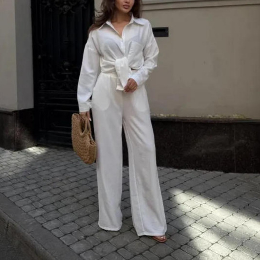 Women's Loose Long-Sleeve Top & Wide-Leg Pants Two-Piece Casual Set