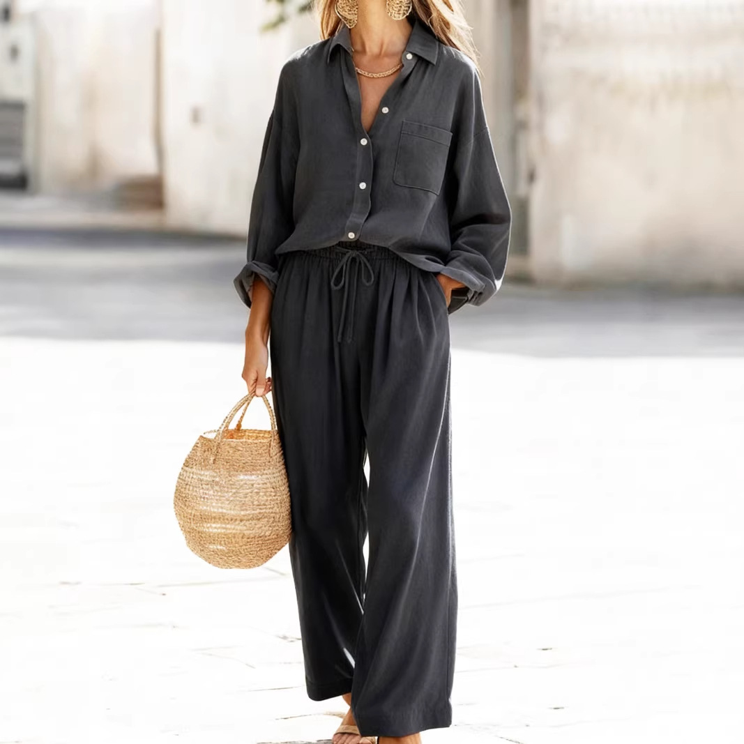Women's Solid Color Faux Linen Long Sleeve Loose Top Set