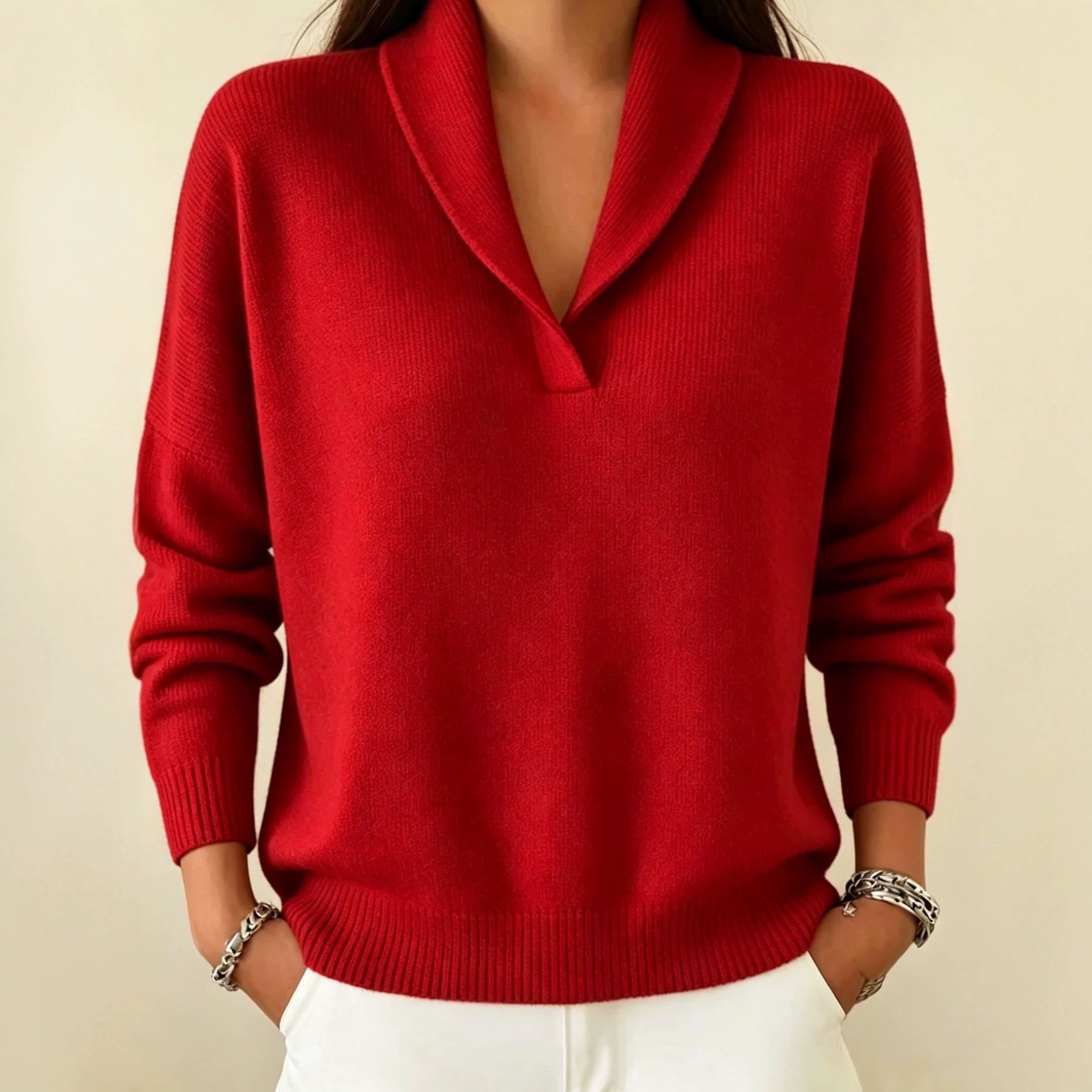 Women's Shawl Collar Knit Sweater Loose Drop Shoulder Solid Color Pullover