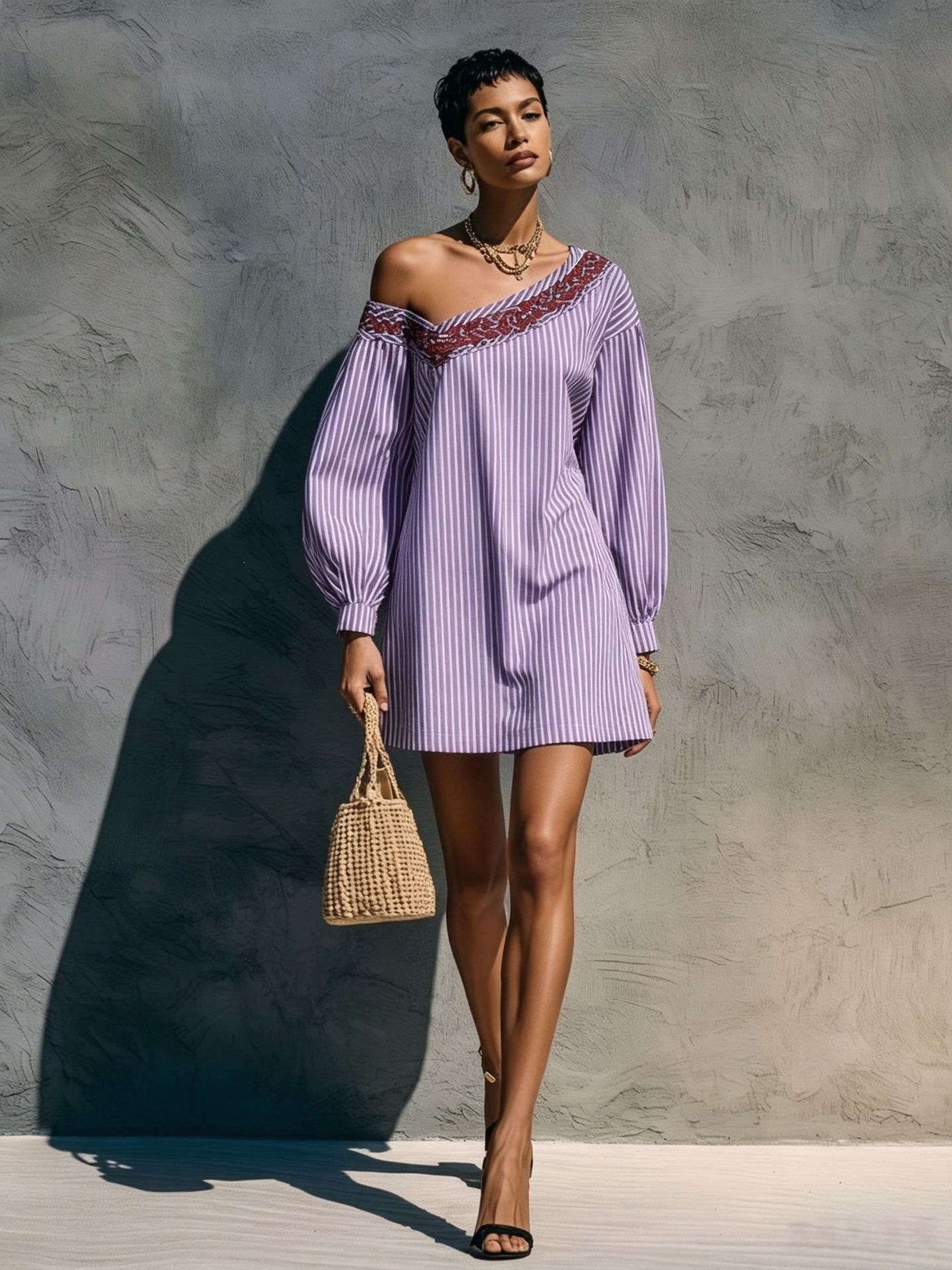 Striped One-Shoulder Long-Sleeve Embroidered Mini Dress