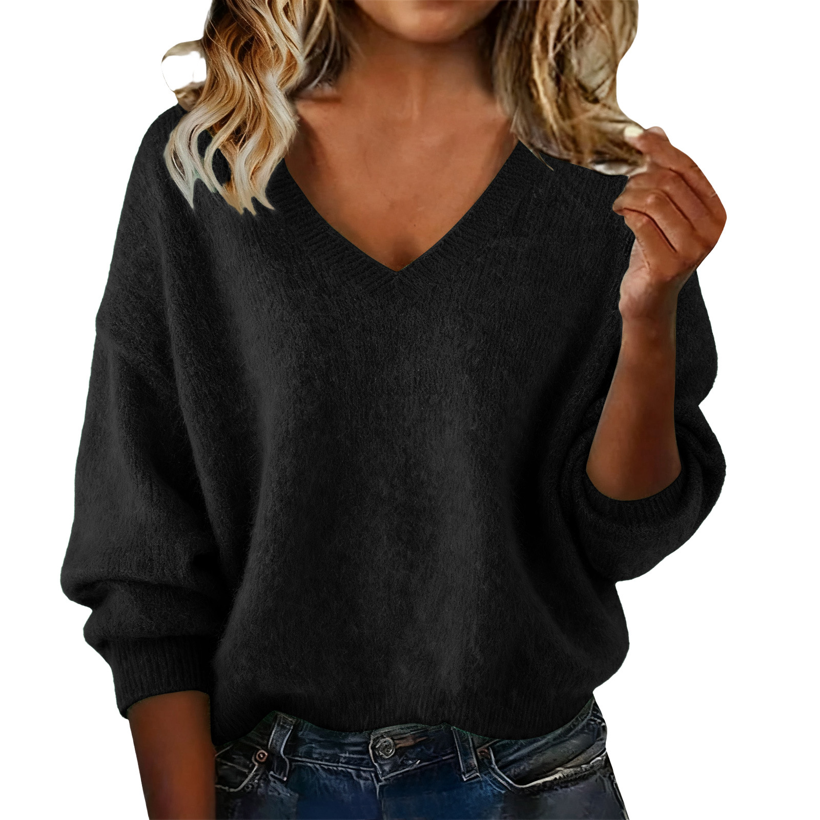 Women's Loose Knit V-Neck Sweater Solid Color Long Sleeve Pullover