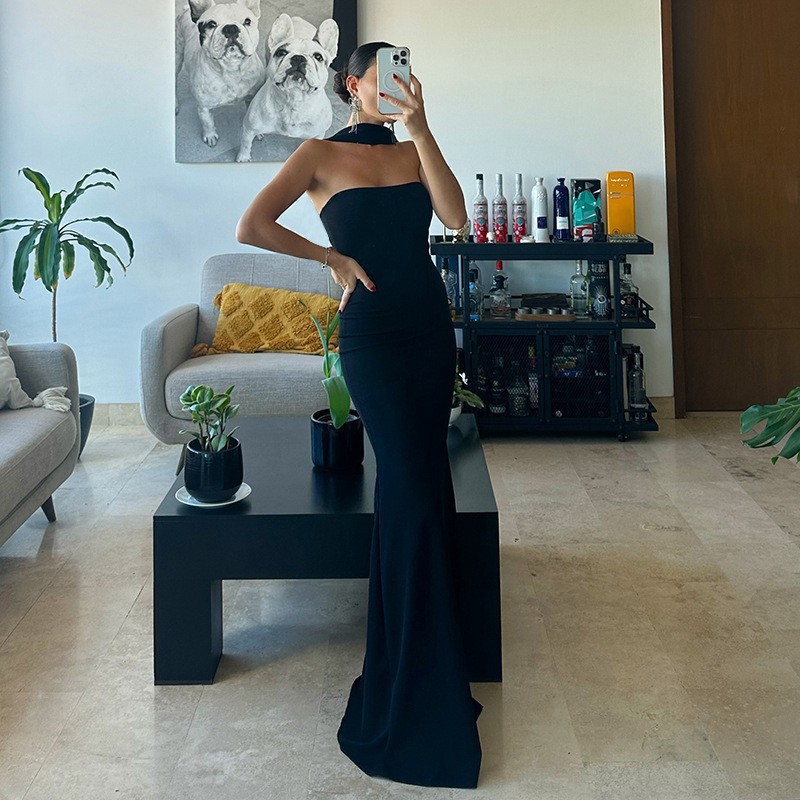 Women's Solid Color Adjustable Halter Bodycon Long Dress