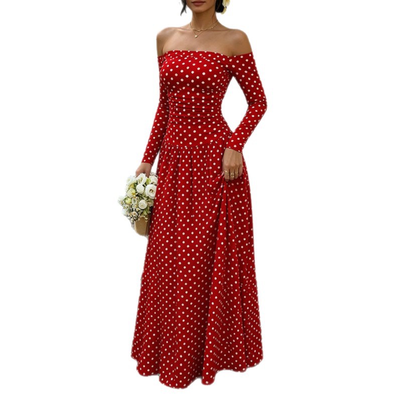 Women's Off-Shoulder Polka Dot Long Sleeve A-Line Dress