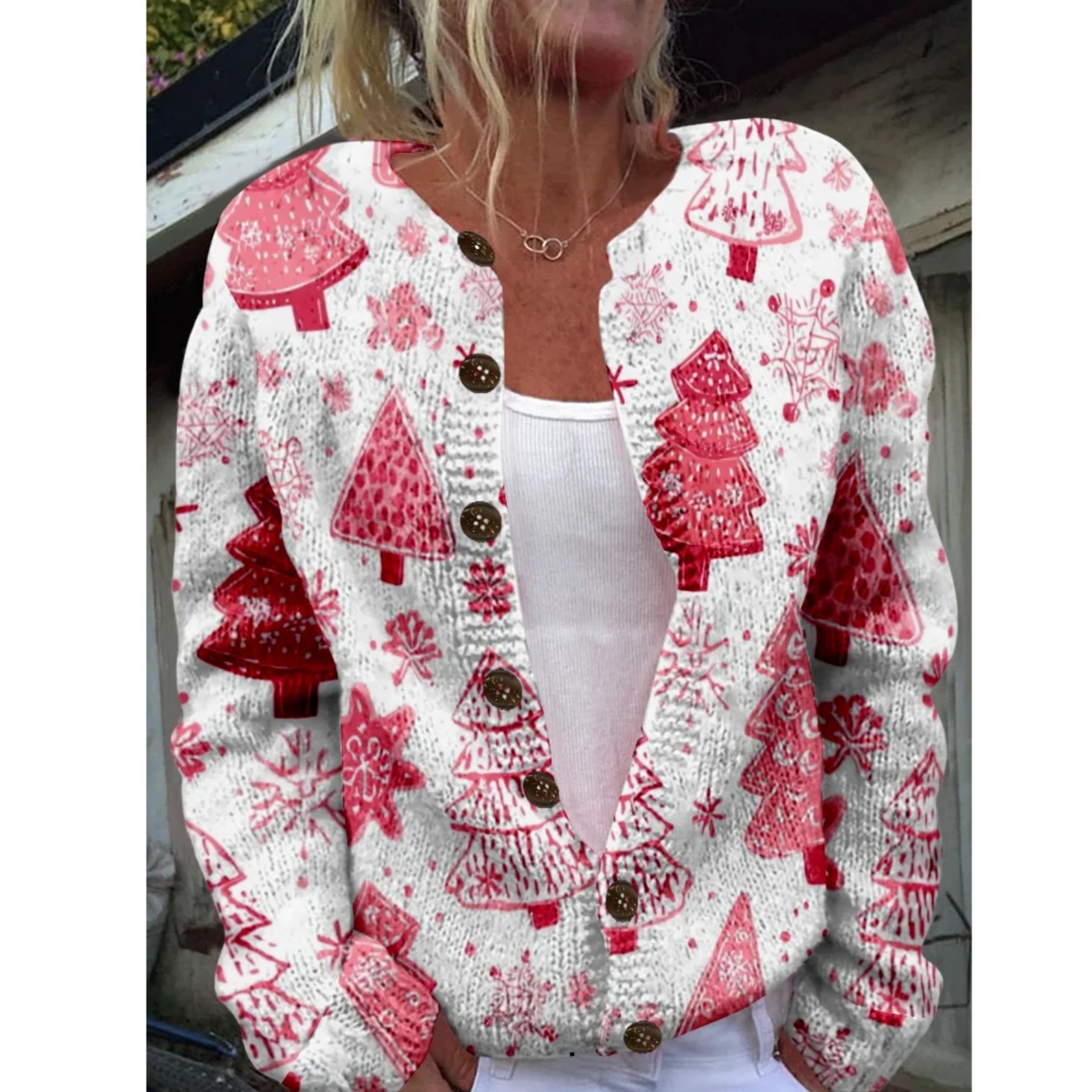 Women's Christmas Santa Print Button Cardigan Sweater