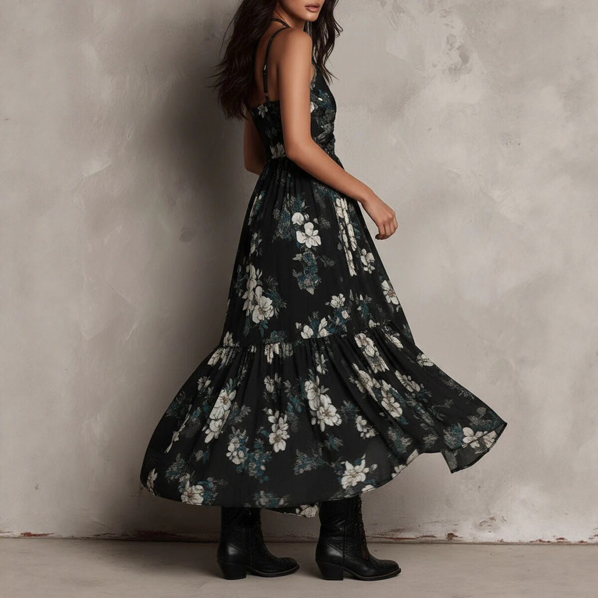 Floral Print High-Slit Cami Maxi Dress with Waist-Cinching Fit
