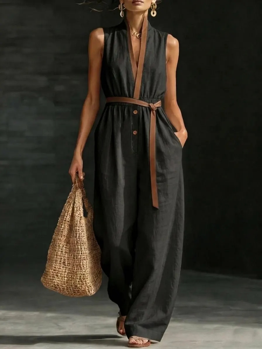 Sleeveless V-Neck Jumpsuit Women's Casual Straight-Leg