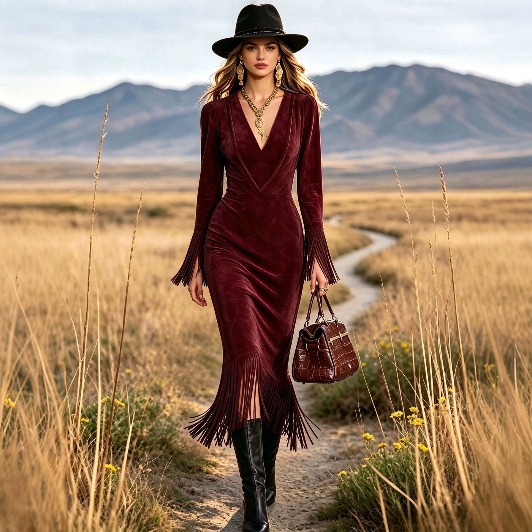 Retro Western Cowgirl Fitted Long Sleeve Fringe Dress