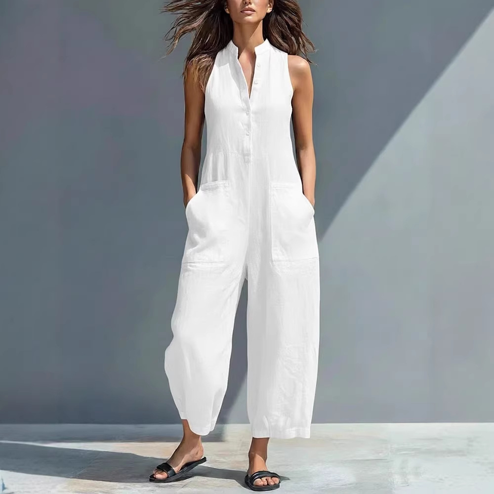 Women's Sleeveless Stand Collar Pocket Jumpsuit Casual Solid Color Straight Leg