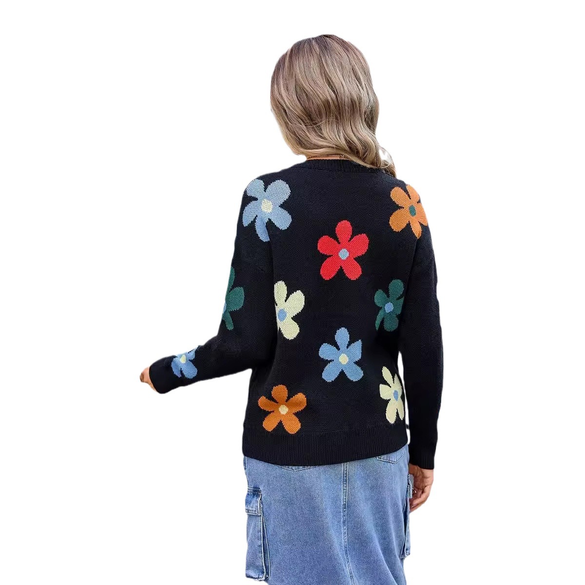 Floral Jacquard Knit Sweater Women's Pullover Round Neck Long Sleeve
