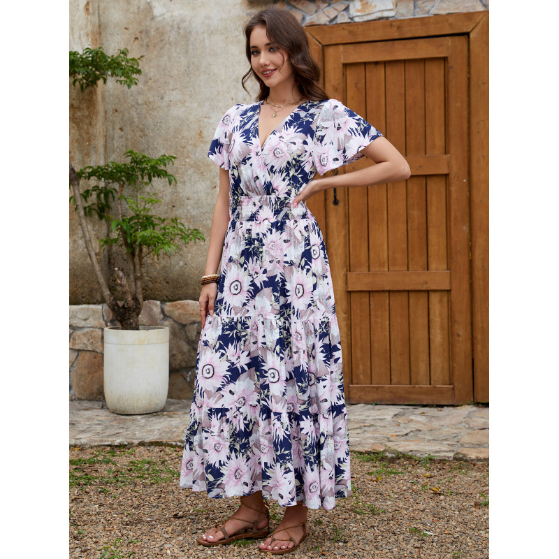 Printed V-Neck Short Sleeve Vacation Dress with Cinched Waist and Flared Long Skirt
