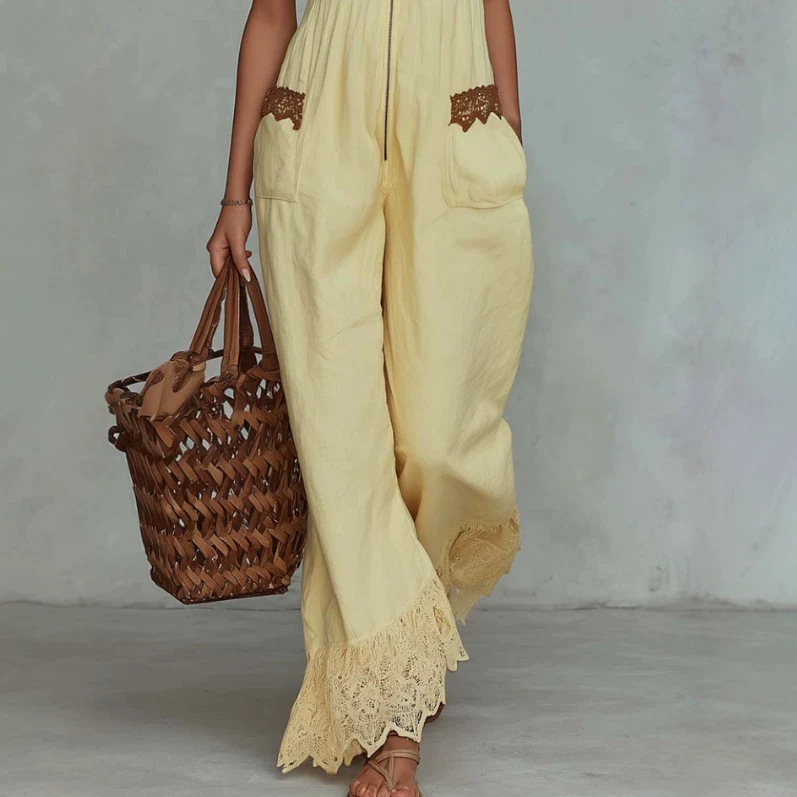Women's Lace Trim Cotton Linen Wide Leg Jumpsuit with Front Zip